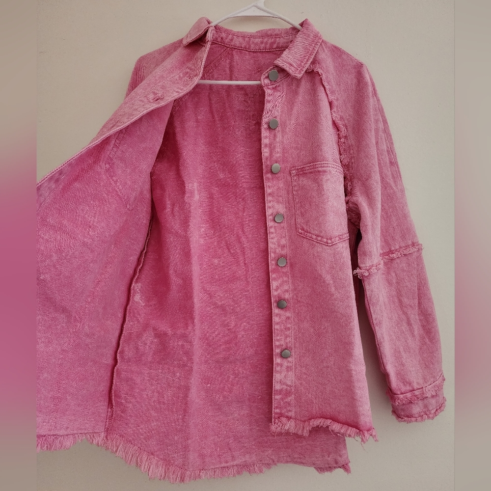 Pink Acid Wash Distressed Denim Shacket Star Cutout Frayed. Used Size M - Picture 7 of 11